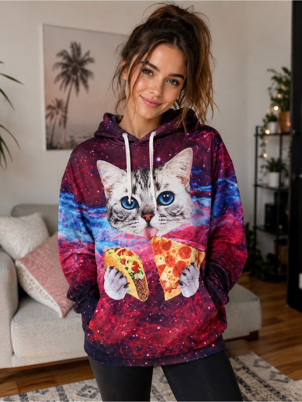 Funny cat eating taco and pizza slice pullover unisex hoodie size medium 💥